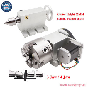 CNC 4 Axis Tailstock 4th A Rotary Axis Center Height 65MM 3 Jaw 4jaw 80mm 100mm Chuck CNC Indexing Head NEMA 23 57 Stepper Motor